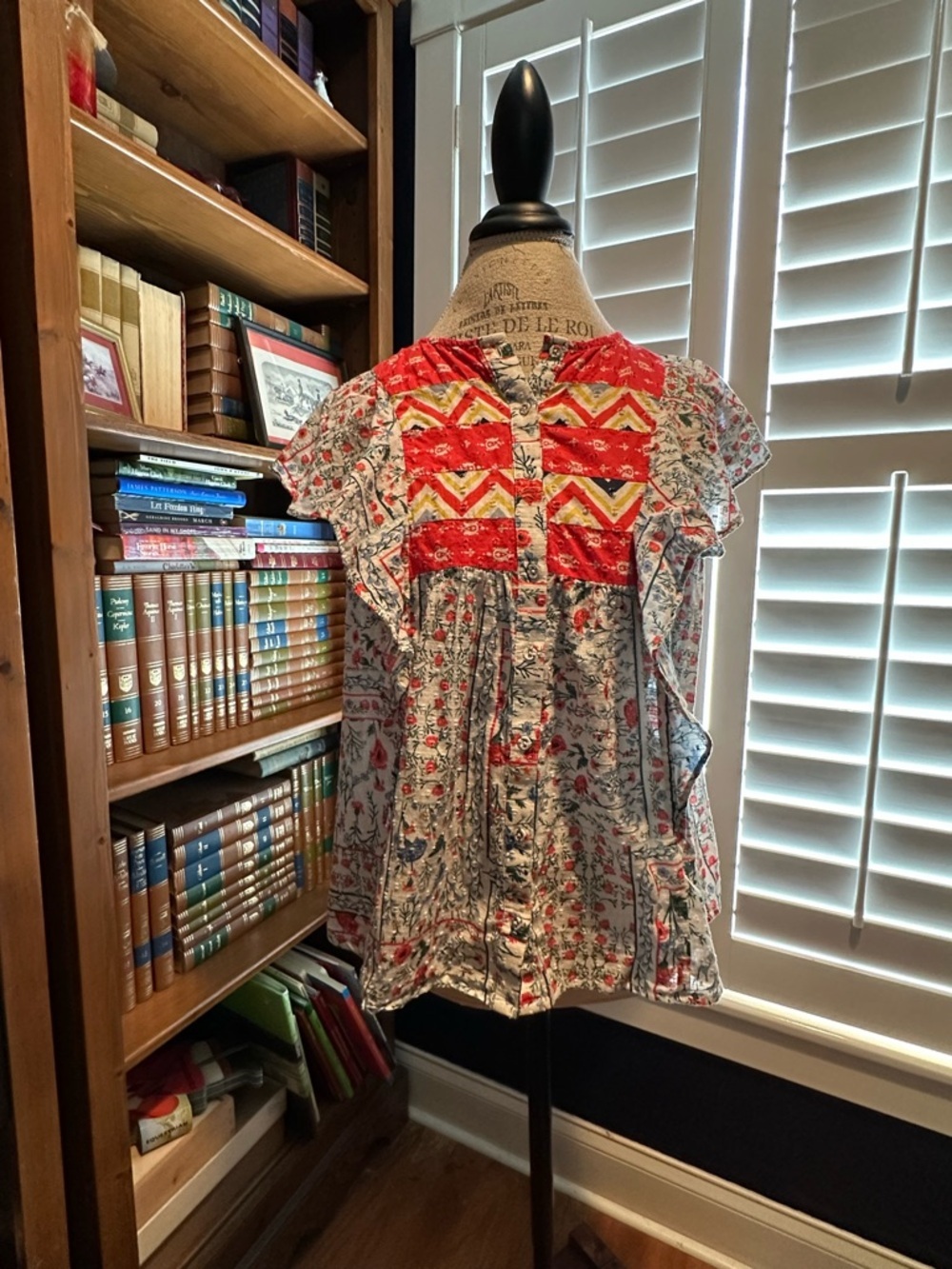 Floral Print Ruffled Tunic with Red Patchwork Accents